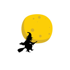 Witch flying over the moon. Halloween background. witch flying on a broomstick on the background of a full moon. Vector illustration.