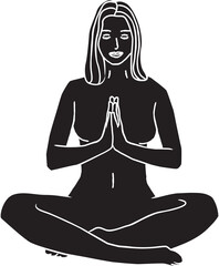 Meditating Woman In Lotus Position Against Transparent Background Black And White Illustration