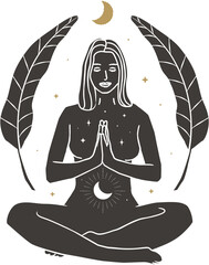 Meditating Female Figure in Silhouette with Feathers Moon and Stars on Transparent Background