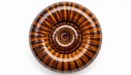 Circular decorative bowl or plate viewed from above, featuring a symmetrical radial sunburst pattern in alternating dark and light brown segments, with concentric center detailing and a glossy finish,