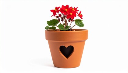 Obraz premium Terracotta flower pot with heart-shaped cutout on the side, containing a blooming plant with vibrant red flowers and green leaves, placed against a textured background to evoke warmth, affection, and 