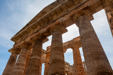 Close-up of the Temple of Hera II (also erroneously called the Temple of Neptune or of Poseidon), a Greek temple built in about 450BC in Paestum, Campania, Italy