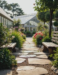 Serene garden center campus featuring greenhouses and vibrant outdoor plant areas