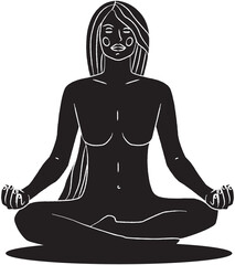 Silhouette of a Meditating Woman with Long Flowing Hair on a Black Background