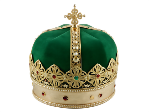 Green velvet crown with gold trim and jewels isolated on a transparent background