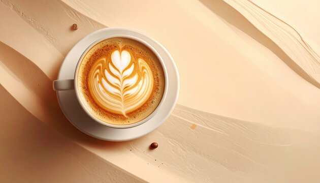Top view of a cup of cappuccino with latte art on a pastel beige background, minimali