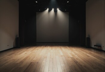 Spacious theater rehearsal space featuring stage equipment and practice areas