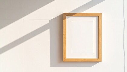 Minimalist Wooden Frame on White Wall with Sunlight Shadow, Clean Aesthetic