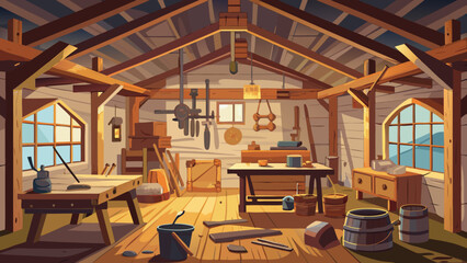 Interior view of a workshop with tools and equipment
