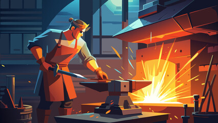 A blacksmith forging a sword in a fiery workshop scene
