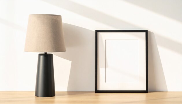 Modern Still Life Mockup: Black Lamp and Frame Bathed in Diagonal Window Light