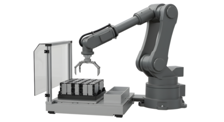 Industrial Robotic Arm Handling Black Boxes in Manufacturing Facility