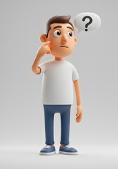3D Cartoon Man Thinking with Question Mark Speech Bubble