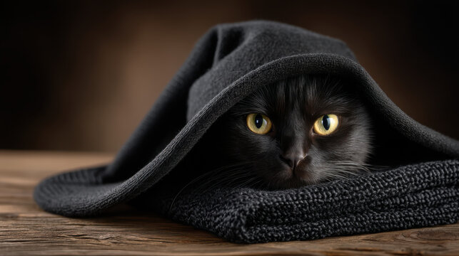 Black cat with bright yellow eyes peeks out from black fabric, resting wooden surface, creating mysterious and cozy atmosphere - Powered by Adobe