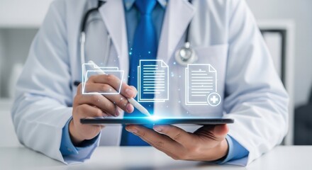 Doctor using digital tablet for medical records and healthcare management application