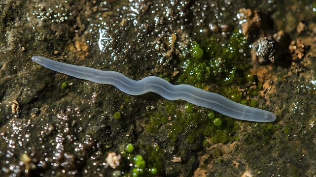 Close-up of a mysterious translucent flatworm with an undulating body crawling over a dark, wet, and mossy rock surface in nature