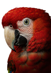 Fototapeta premium Scarlet Macaw, vibrant plumage, agape ivory beak, blue-green eye, extreme macro, low-angle studio with cinematic light on transparent, concept of a precious living artifact