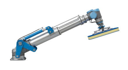 Industrial Robotic Arm with Blue and Silver Components on White Background