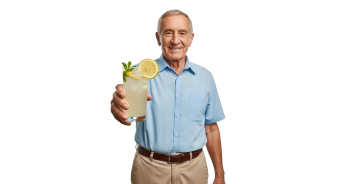 Elderly man holding a glass of lemonade with lemon and mint, isolated on transparent background