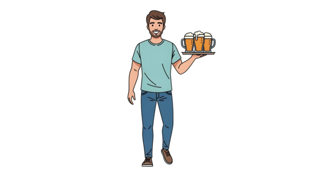 Man holding a tray with four beer mugs isolated on transparent background - Powered by Adobe