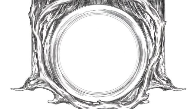 Detailed pen and ink illustration of a round frame and organic tree