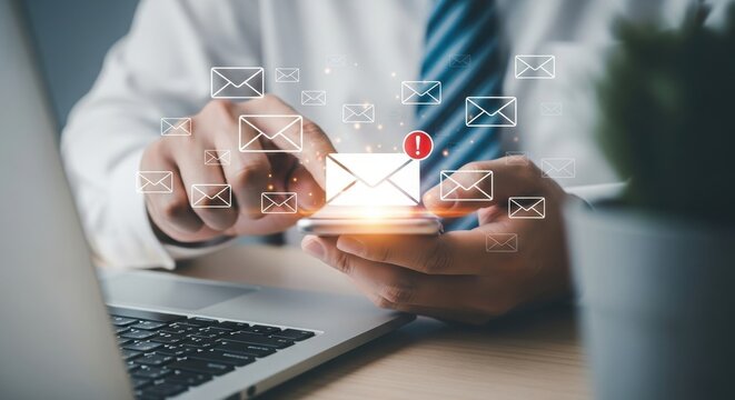 Businessman using smartphone with email icons floating above it near laptop and plant