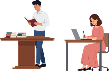 Academic study scene, student reading book, laptop research, education learning, knowledge productivity, classroom lecture, scholarly environment