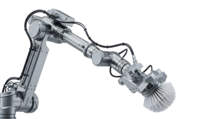 Industrial Robotic Arm with Cleaning Brush in Factory Setting