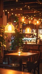 Warm Interior with Glowing Lights over Table and Chairs at Restaurant at Night Creates an Intimate and Cozy Atmosphere with Blurry Background