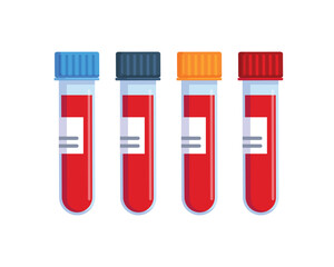 Set of medical test tubes with blood sample vector illustration isolated on white bacground. Laboratory research concept for biochemistry and viruses. Blood test tube with label. 