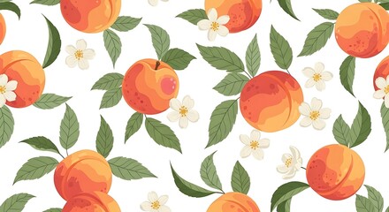 Peach Fruit Pattern with Flowers and Leaves.