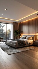 Warm Lighted Modern Bedroom with Wooden Wall and Large Window with Greenery View at Golden Hour