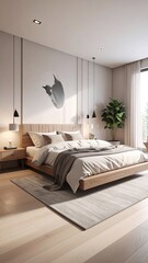 Warm Lit Bedroom with White Bedding and Wooden Frame Accents Soft Natural Light and Indoor Plant by the Window
