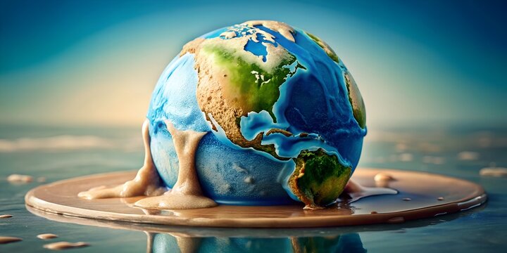 Melting earth ice cream, a visual metaphor for climate change and global warming, highlighting the urgent need for environmental awareness and sustainability - Powered by Adobe