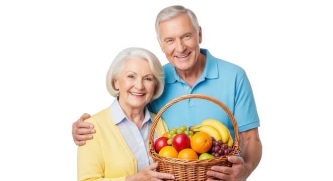 Smiling elderly couple holding a basket full of fresh fruit, isolated on transparent background
