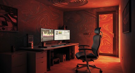 Modern audio studio desk with dual monitors, vibrant red.