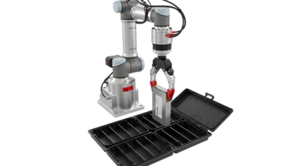 Industrial Robotic Arm with Gripper and Tool Storage Case in White Background