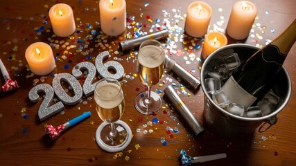 New Year's celebration with champagne flutes and candles on a festive table, surrounded by confetti and decorations - Powered by Adobe