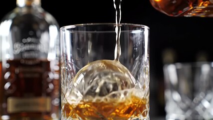 Whiskey Pouring into Glass with Ice Sphere on Dark Background - Powered by Adobe
