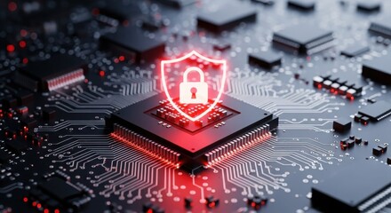 Cybersecurity concept featuring a glowing padlock shield on a computer processor
