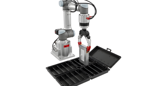 Industrial Robotic Arm with Gripper and Tool Storage Case in White Background