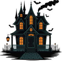 Spooky haunted house with glowing windows, flying bats, gothic architecture, Halloween night atmosphere, scary horror building, eerie festive design