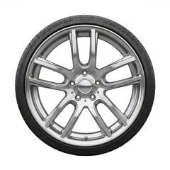 Obraz premium Gleaming silver alloy wheel with black tire isolated on a transparent background chrome