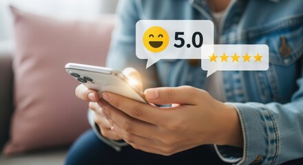 Customer review concept showing a person holding a phone with a five star rating