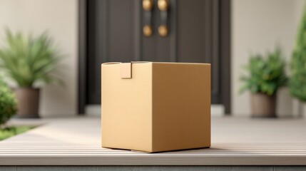 Fototapeta premium Simple Brown Cardboard Box on Front Porch with Green Plants in Background and Elegant Door, Perfect for E-commerce and Delivery Conceptual Imagery