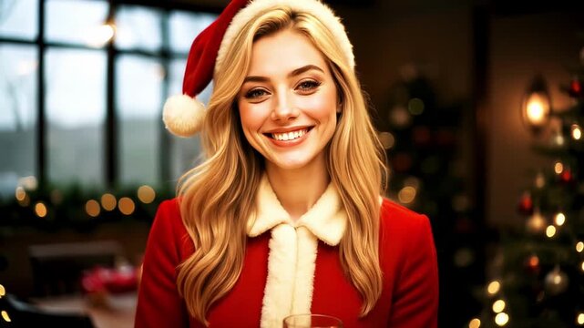 A cheerful and sweet girl in a Santa costume, smiling charmingly and cheerfully, looking at the camera. Christmas Eve, magic and witchcraft.