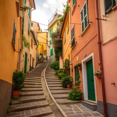 Obraz premium Narrow Italian street, colorful buildings, stone stairs, green doors, European architecture