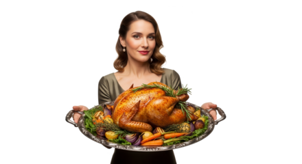 Woman holding a roasted chicken with vegetables on a platter, isolated on transparent background