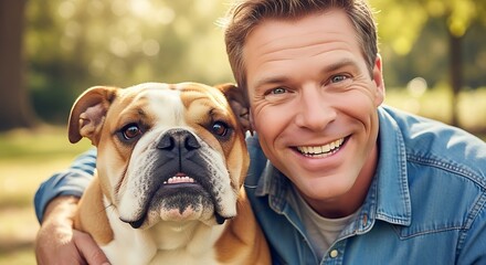 Man and Dog Smiling Outdoors.