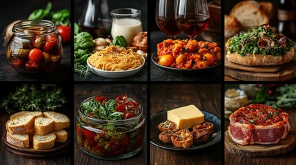 Montage of appetizing Italian dishes served in a rustic and elegant setting.